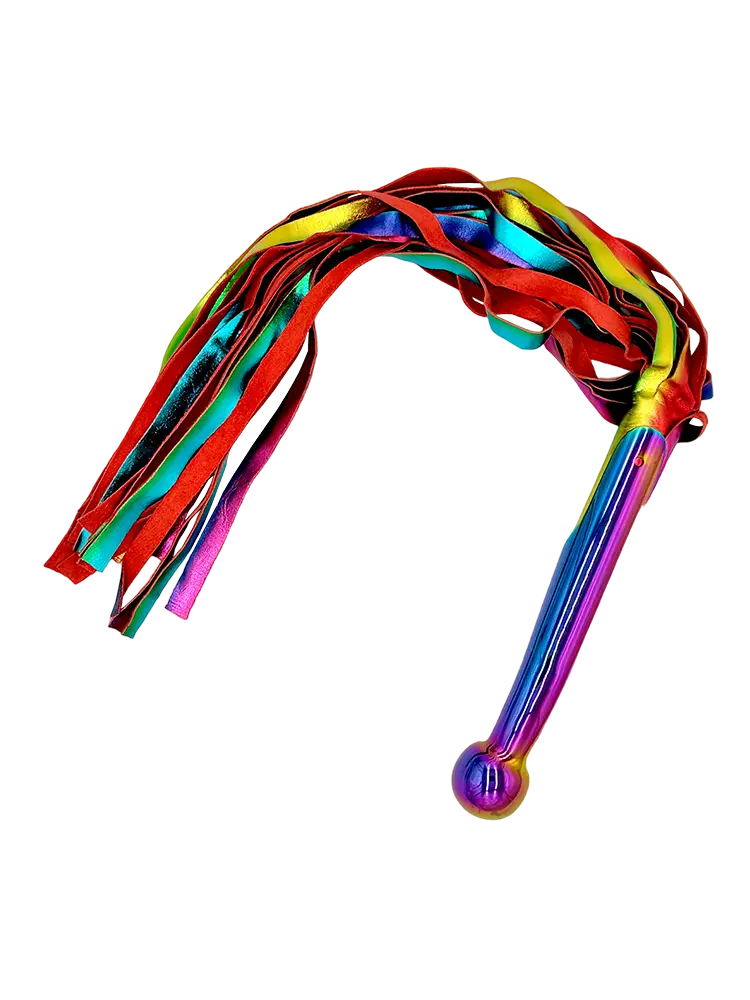 Unicorn Horn Flogger - En flogger i regnbågens färger med metallhandtag.